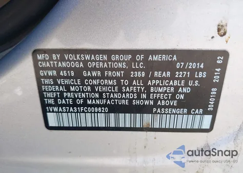 2015 Volkswagen Passat 1.8T Wolfsburg Edition from USA, damaged, VIN 1VWAS7A31FC009620